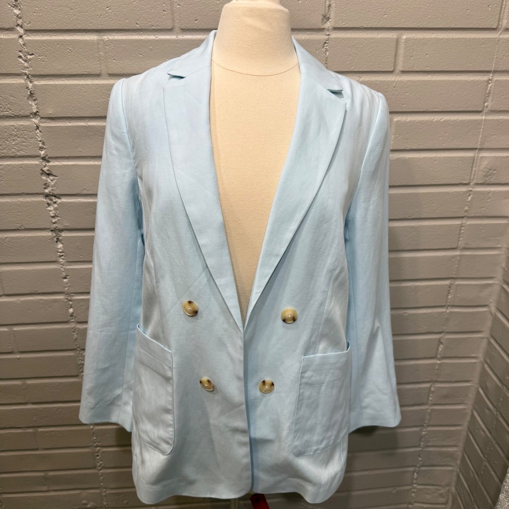 Talbots No Close Blazer Linen Blend Pastel Blue Double Breasted Jacket NWT 12P
